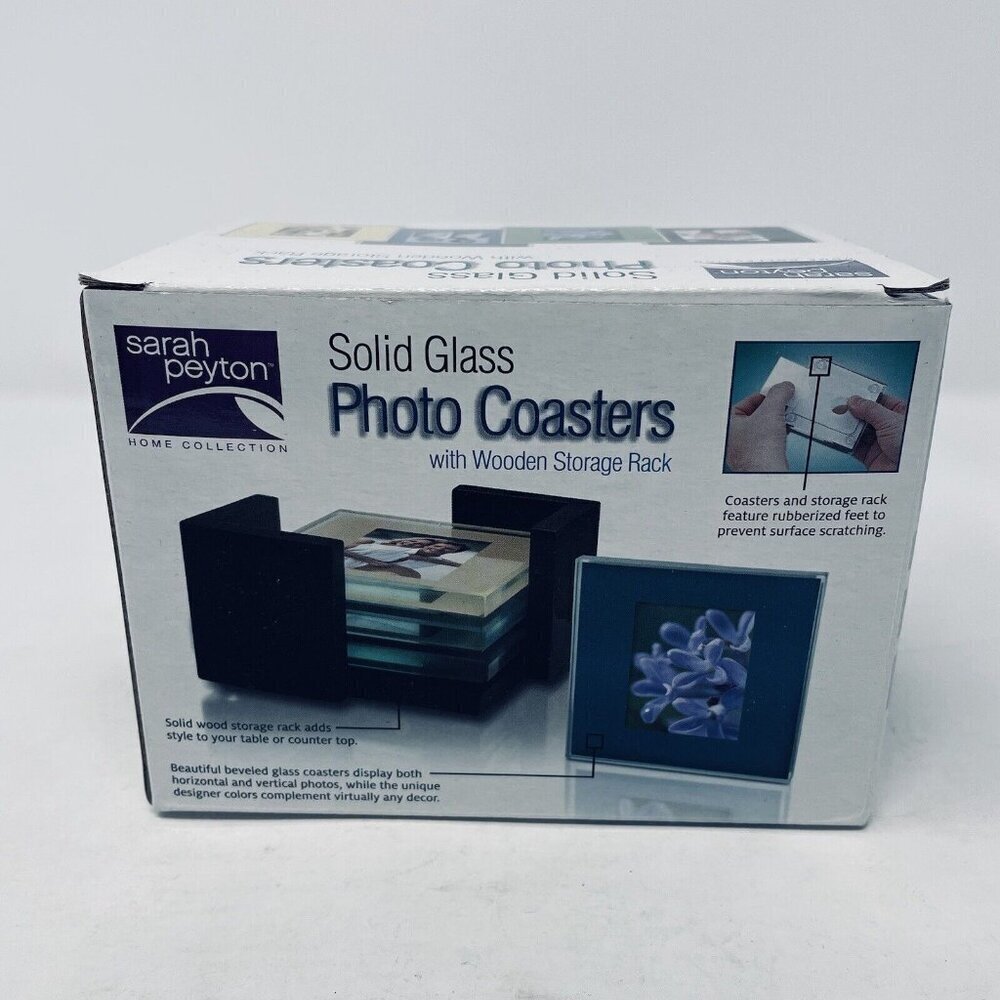 Sarah Peyton 4 Pack of Solid Glass Photo Coasters with Wooden Storage Rack - Picture 5 of 7